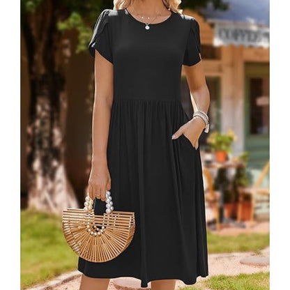👗Women's Elegant Round Neck Midi Dress with Pockets