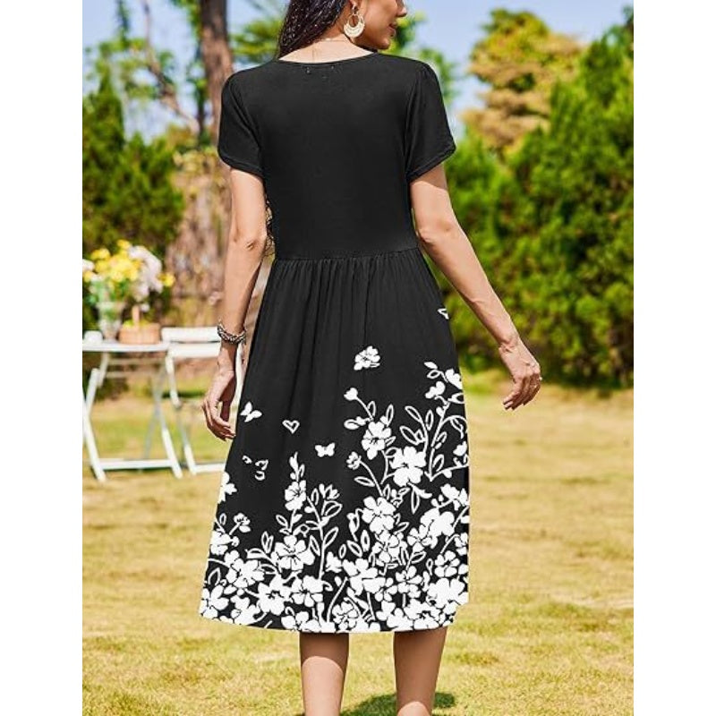 👗Women's Elegant Round Neck Midi Dress with Pockets