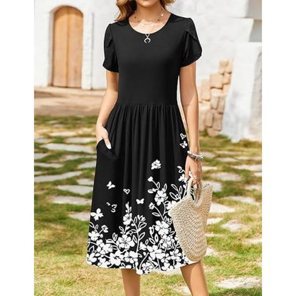 👗Women's Elegant Round Neck Midi Dress with Pockets