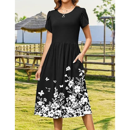 👗Women's Elegant Round Neck Midi Dress with Pockets