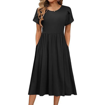 👗Women's Elegant Round Neck Midi Dress with Pockets
