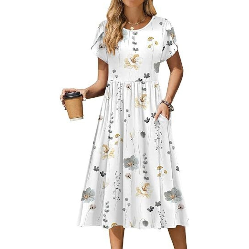 👗Women's Elegant Round Neck Midi Dress with Pockets