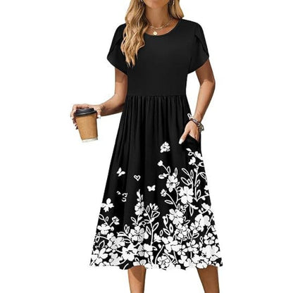 👗Women's Elegant Round Neck Midi Dress with Pockets