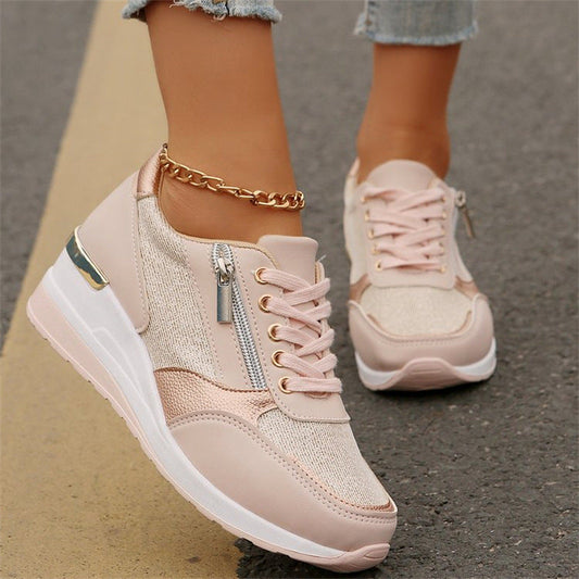 🍂Women's Casual Mesh Lace-Up Wedge Sole Sneakers with Side Zipper