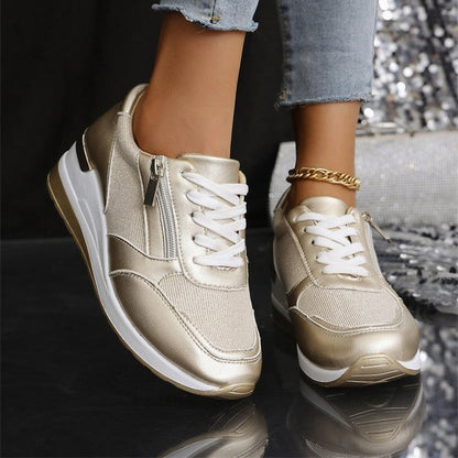 🍂Women's Casual Mesh Lace-Up Wedge Sole Sneakers with Side Zipper