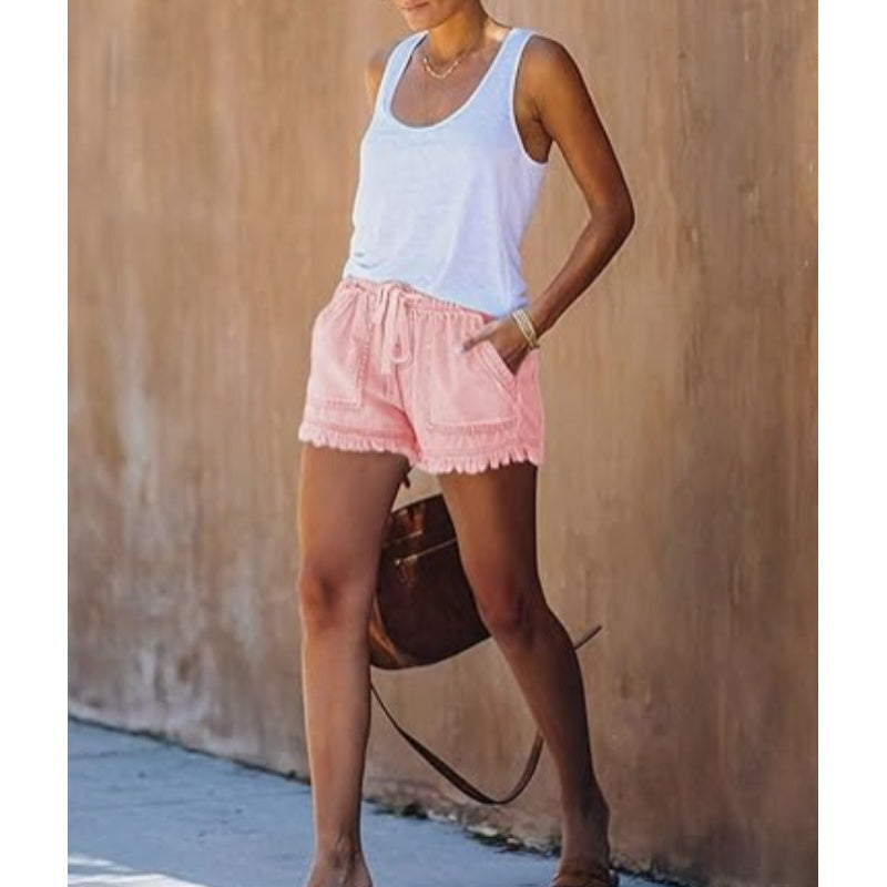 🍃High Waist Drawstring Distressed Denim Shorts