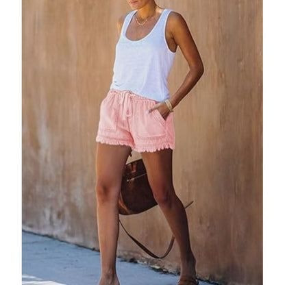 🍃High Waist Drawstring Distressed Denim Shorts