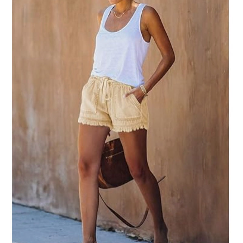 🍃High Waist Drawstring Distressed Denim Shorts