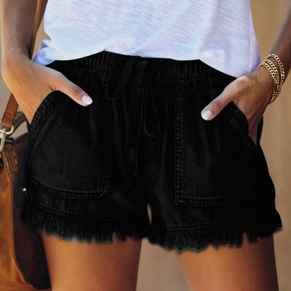 🍃High Waist Drawstring Distressed Denim Shorts