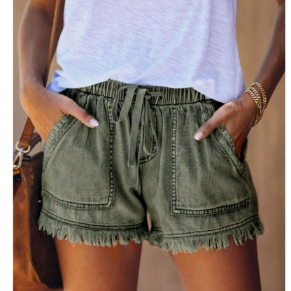 🍃High Waist Drawstring Distressed Denim Shorts