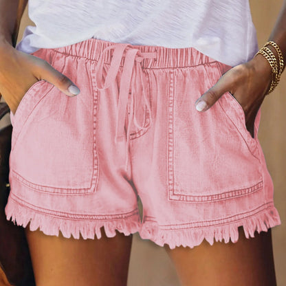 🍃High Waist Drawstring Distressed Denim Shorts