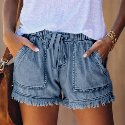 🍃High Waist Drawstring Distressed Denim Shorts