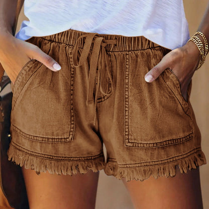 🍃High Waist Drawstring Distressed Denim Shorts
