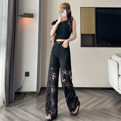 💥Women’s Spliced Hot Rhinestones Printing Hollow Pants