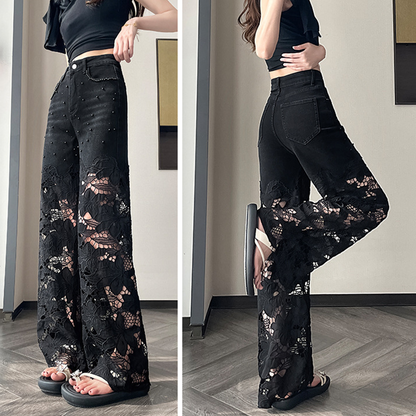 💥Women’s Spliced Hot Rhinestones Printing Hollow Pants