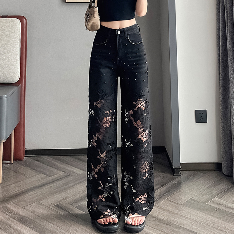 💥Women’s Spliced Hot Rhinestones Printing Hollow Pants