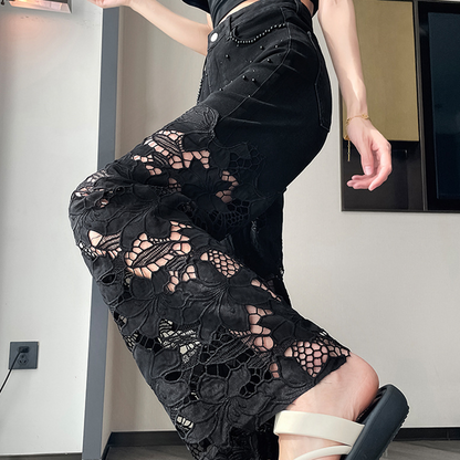 💥Women’s Spliced Hot Rhinestones Printing Hollow Pants