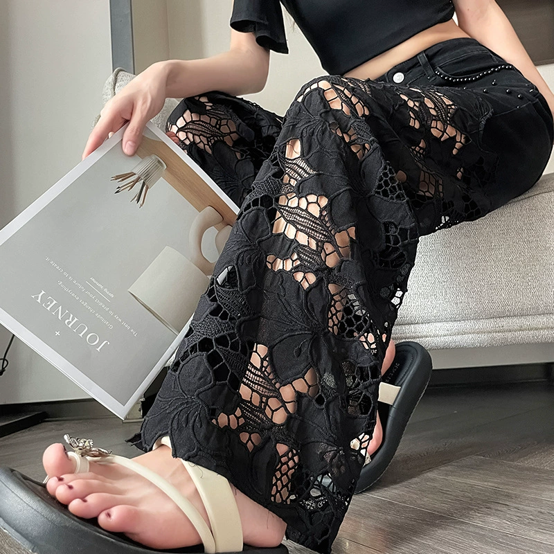 💥Women’s Spliced Hot Rhinestones Printing Hollow Pants