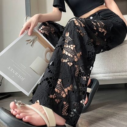 💥Women’s Spliced Hot Rhinestones Printing Hollow Pants