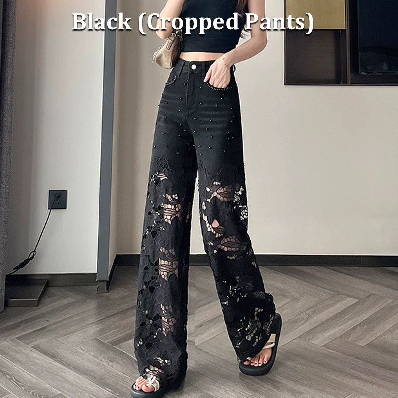 💥Women’s Spliced Hot Rhinestones Printing Hollow Pants