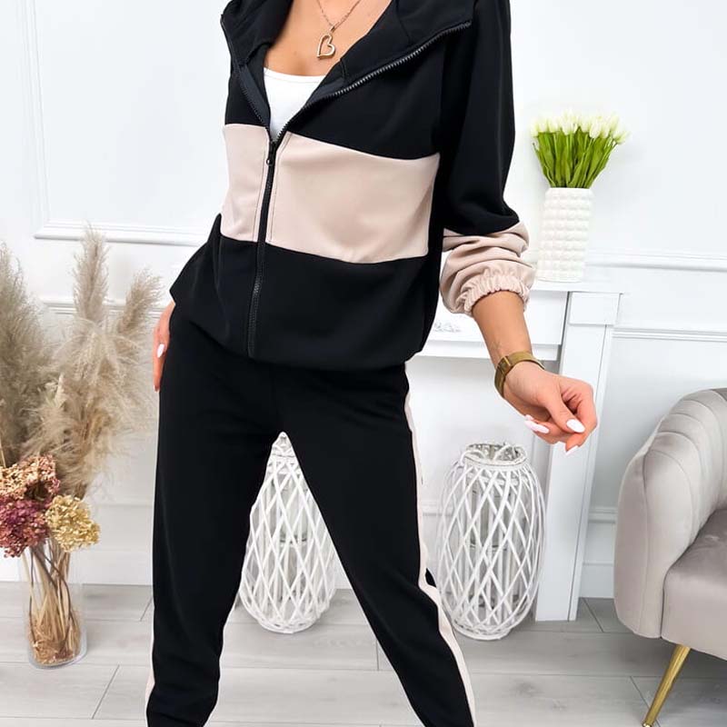 Women's Casual Color-Block Tracksuit: Hooded Zip Jacket & Jogger Pants