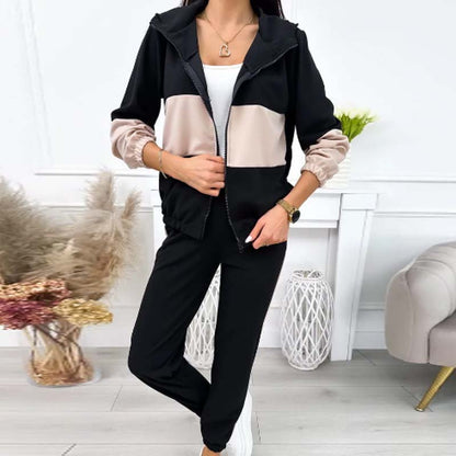 Women's Casual Color-Block Tracksuit: Hooded Zip Jacket & Jogger Pants