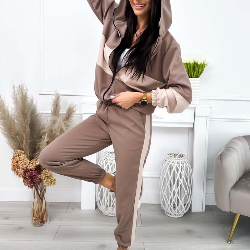 Women's Casual Color-Block Tracksuit: Hooded Zip Jacket & Jogger Pants