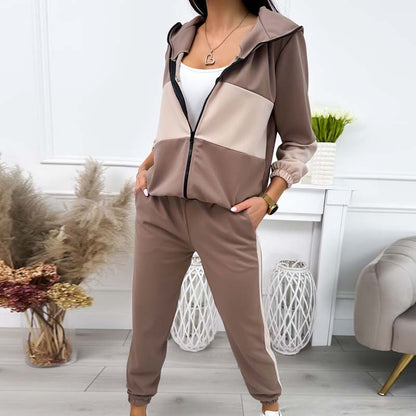 Women's Casual Color-Block Tracksuit: Hooded Zip Jacket & Jogger Pants