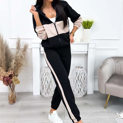 Women's Casual Color-Block Tracksuit: Hooded Zip Jacket & Jogger Pants
