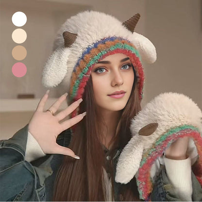 Plush lamb-shaped hat and cute earmuffs