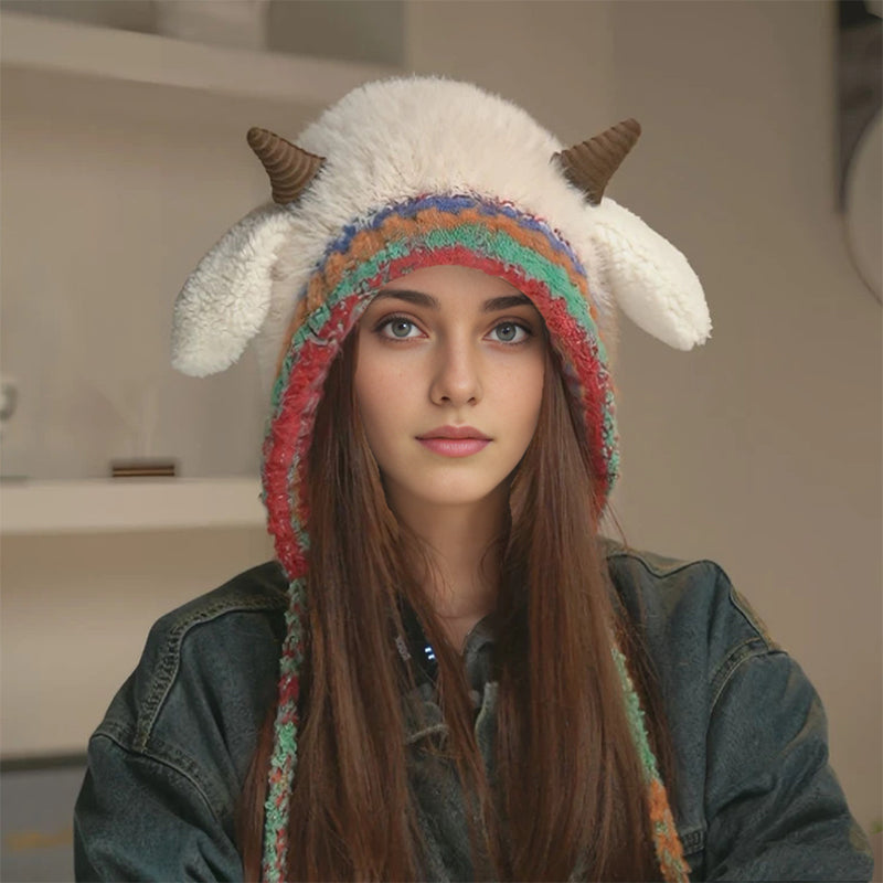 Plush lamb-shaped hat and cute earmuffs