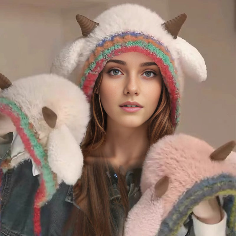 Plush lamb-shaped hat and cute earmuffs