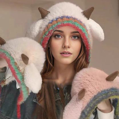 Plush lamb-shaped hat and cute earmuffs