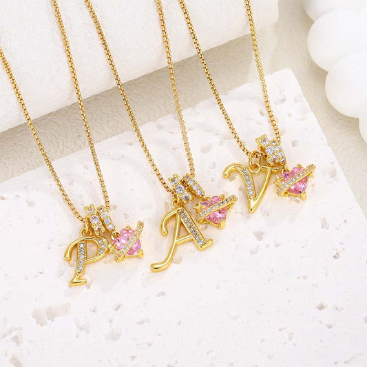 💖Initial Letter Necklace with Pink Heart Charm✨