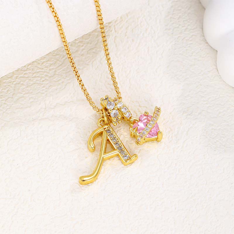 💖Initial Letter Necklace with Pink Heart Charm✨