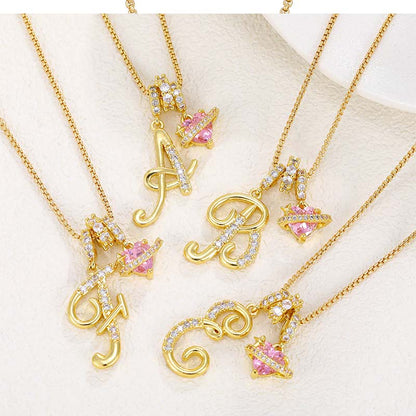 💖Initial Letter Necklace with Pink Heart Charm✨