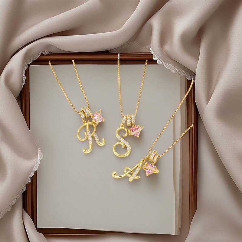 💖Initial Letter Necklace with Pink Heart Charm✨