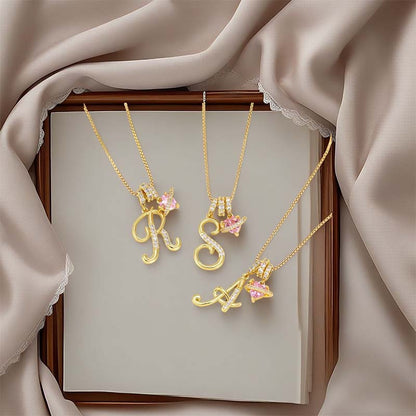 💖Initial Letter Necklace with Pink Heart Charm✨