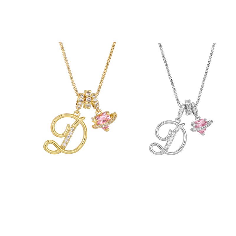 💖Initial Letter Necklace with Pink Heart Charm✨
