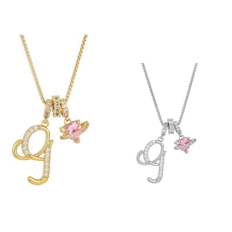 💖Initial Letter Necklace with Pink Heart Charm✨