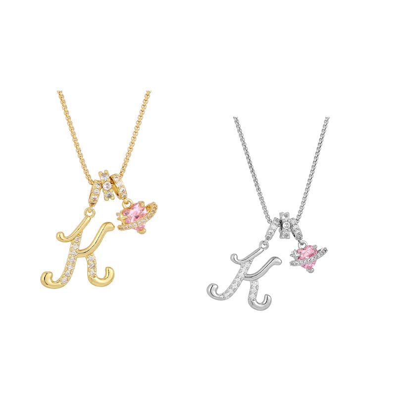 💖Initial Letter Necklace with Pink Heart Charm✨