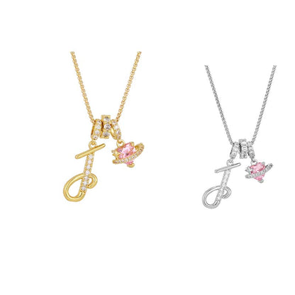 💖Initial Letter Necklace with Pink Heart Charm✨