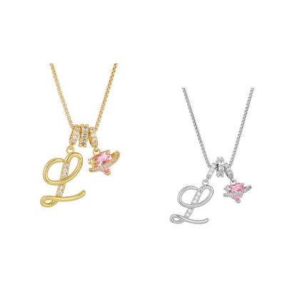 💖Initial Letter Necklace with Pink Heart Charm✨