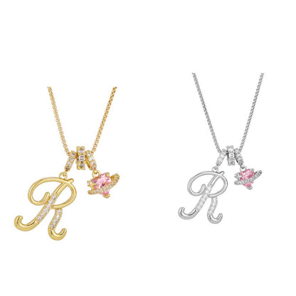 💖Initial Letter Necklace with Pink Heart Charm✨