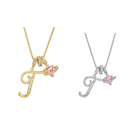 💖Initial Letter Necklace with Pink Heart Charm✨