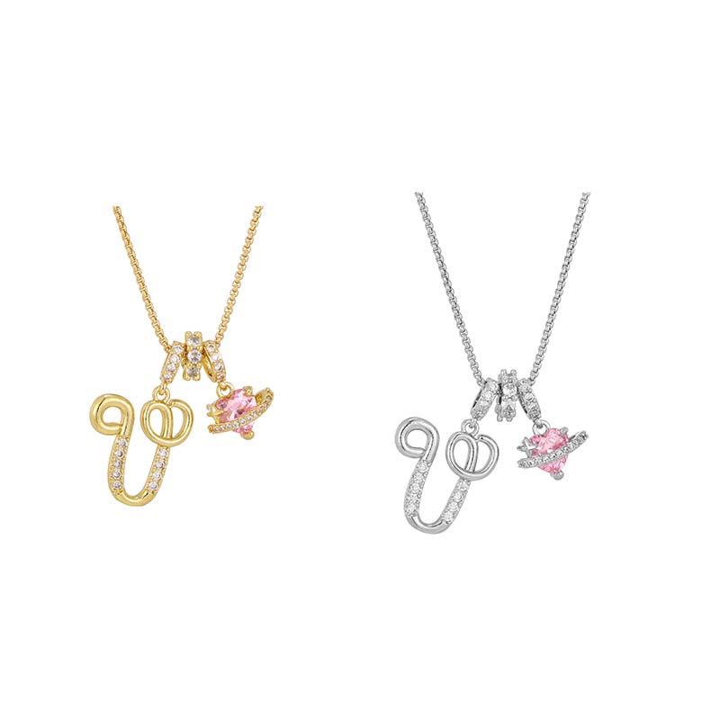 💖Initial Letter Necklace with Pink Heart Charm✨