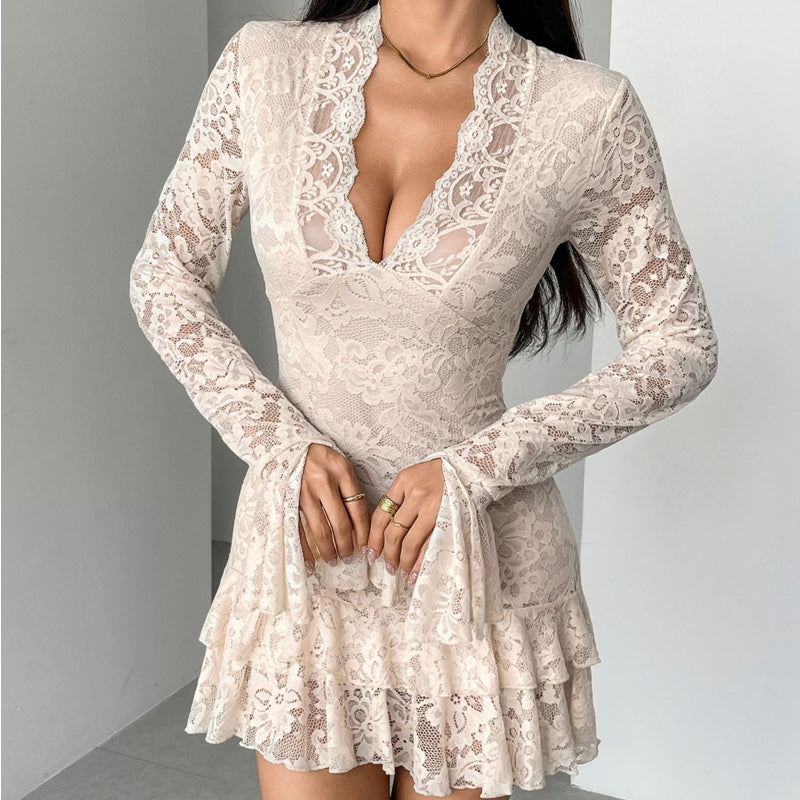 Elegant Lace V-Neck Dress with Ruffle Trim