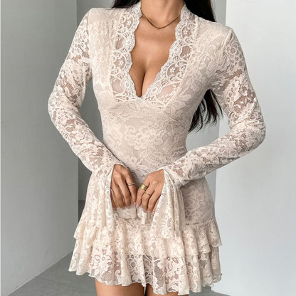 Elegant Lace V-Neck Dress with Ruffle Trim