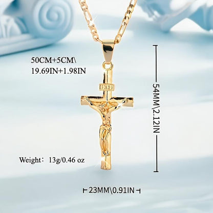 ✝️ ✨ Gold Crucifix Necklace – Detailed INRI Motif, Adjustable Figaro Chain & Hypoallergenic Finish 💛