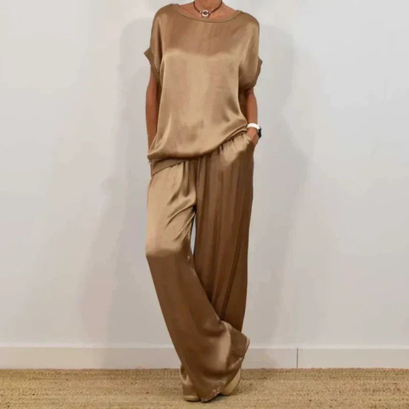 🎉Limited Sale🎉Women's Satin Short Sleeve Top & Pants 2-Piece Set